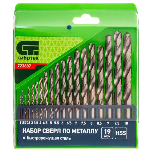Набор сверл по металлу, 1-10 мм, (через 0.5 мм) HSS 19 шт, пластиковая коробка, цилиндрический хвостовик Сибртех