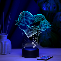 3D светильник  Светильник "Сердце с розой с именем Мирог"