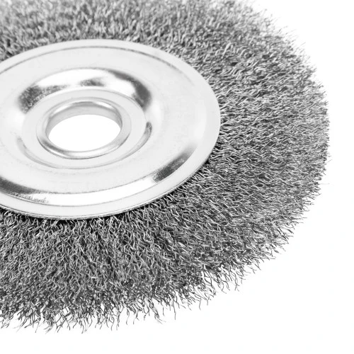 Щетка для УШМ, 150 мм, "Плоская", витая нержавеющая проволока 0.3 мм, посадка 22.2 мм Denzel