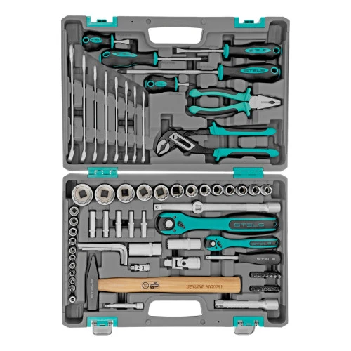 Набор инструментов, 1/2", 1/4", CrV, 12 гранные головки, пластиковый кейс, 76 предметов Stels