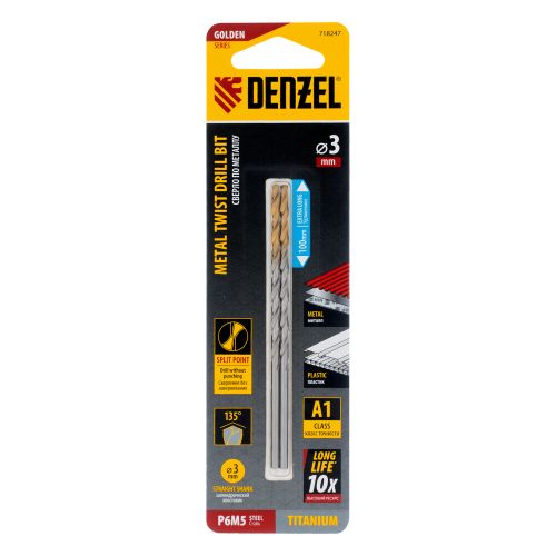 Сверло спиральное по металлу 3 х 100 мм, Р6М5, Golden Tip, удлиненное, 2шт. Denzel
