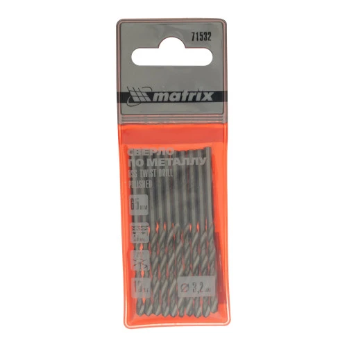 Сверло по металлу, 3.2 мм, полированное, HSS, 10 шт, цилиндрический хвостовик Matrix