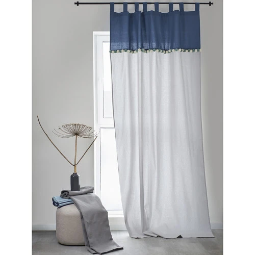 Штора из хлопка с помпонами серо-синего цвета из коллекции essential, 150х290 см