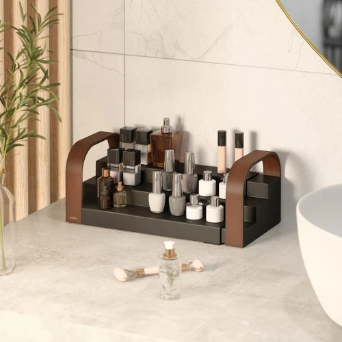 Полка для специй трехъярусная раздвижная bellwood, черная/орех