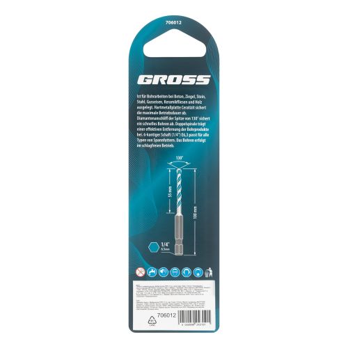 Сверло универсальное, Multipurpose PRO, 6-гр. хвостовик, 6мм Gross