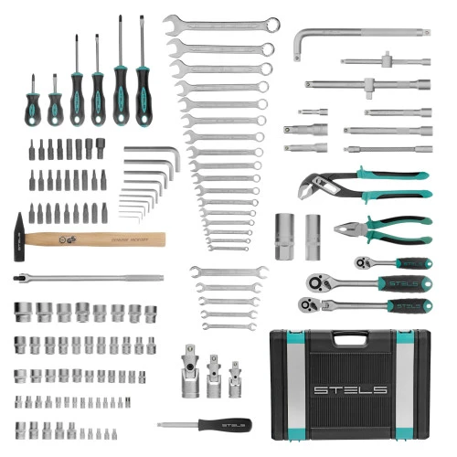 Набор инструментов, 1/2",3/8", 1/4", CrV, пластиковый кейс 142 предмета Stels