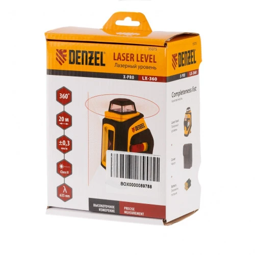 Лазерный уровень LX360, 20 м, ± 0,3 мм/1 м, горизонтальная и вертикальная плоскости, 360 град, 635 нм, резьба 1/4 Denzel