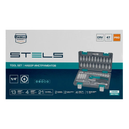 Набор инструментов, 1/4", Cr-V, S2, усиленный кейс, 47 предметов Stels
