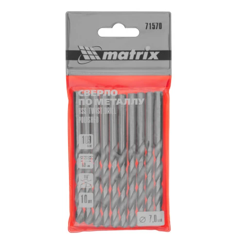 Сверло по металлу, 7 мм, полированное, HSS, 10 шт, цилиндрический хвостовик Matrix