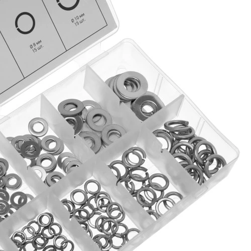 Набор шайб и гроверов, D шайб: 3, 4, 5, 6, 8, 10 мм D гроверов: 3, 4, 5, 6, 8, 10 мм, 350 предметов Сибртех