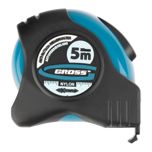 Рулетка "Schlagfest",5 м x 25 мм,магнитный обрезиненный зацеп,двусторонняя шкала,Нейлоновое покрытие,автоматическая фиксация Gross