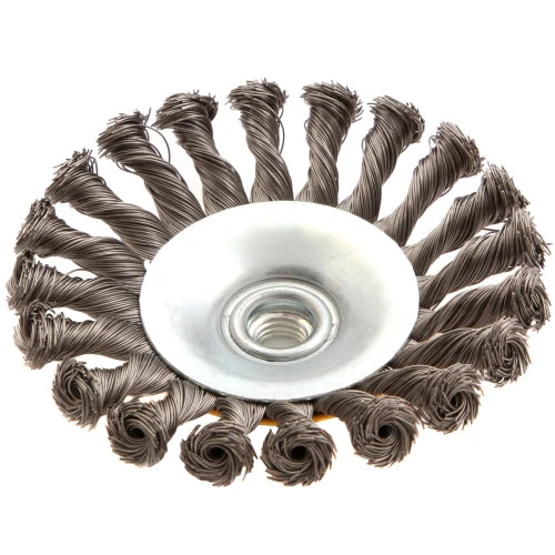 Щетка для УШМ, 125 мм, "Тарелка", крученая нержавеющая проволока 0.5 мм, М14 Denzel