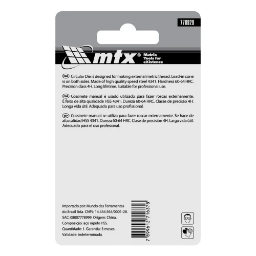 Плашка М10 х 1.5 мм, Р6М5 MTX