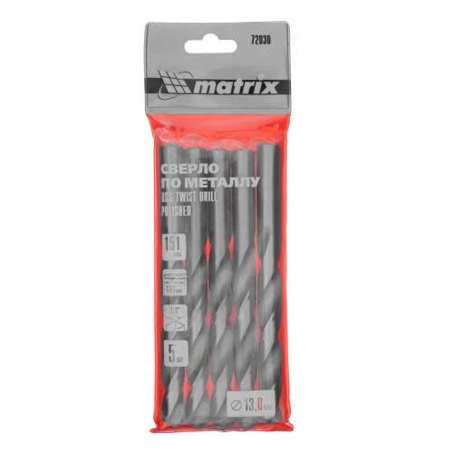 Сверло по металлу, 13 мм, полированное, HSS, 5 шт, цилиндрический хвостовик Matrix