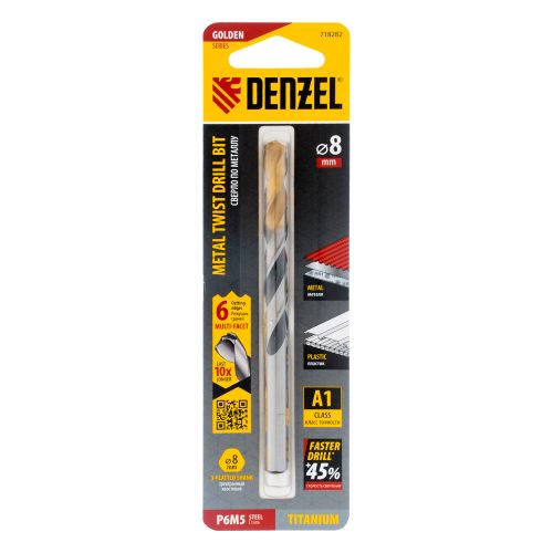 Сверло спиральное по металлу 8 x 117мм, Р6М5, Golden Tip, многогранная заточка Denzel
