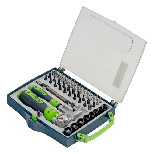 Отвертки реверсивные с набором бит, торцевых головок, 61 предмет, CrV Сибртех