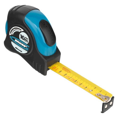 Рулетка "Schlagfest",10 м x 25 мм,магнитный обрезиненный зацеп,двусторонняя шкала,автоматическая фиксация Gross