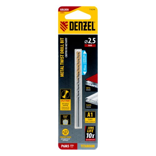 Сверло спиральное по металлу 2,5 х 95 мм Р6М5, Golden Tip, удлиненное, 2шт. Denzel