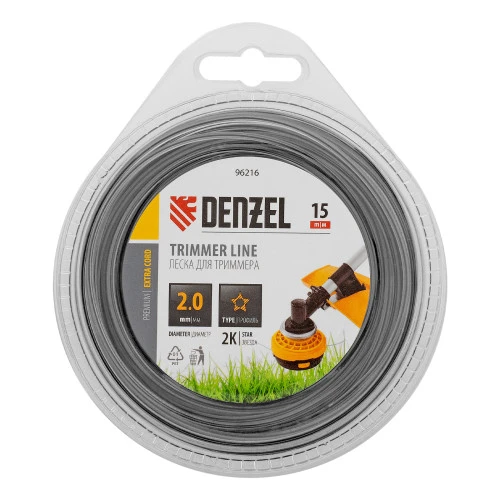 Леска для триммера двухкомпонентная звезда, 2,0мм х 15м,  FLEX CORD, DENZEL