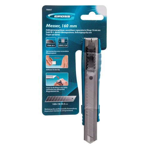 Нож, 160 мм, металлический корпус, выдвижное сегментное лезвие 18 мм (SK-5) металлическая направляющая, клипса для ремня Gross