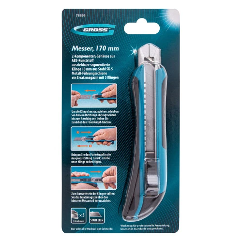 Нож, 170 мм, обрезиненный ABS-корпус, выдвижное сегментное лезвие 18 мм (SK-5) металлическая направляющая, 5 запасных лезвий Gross