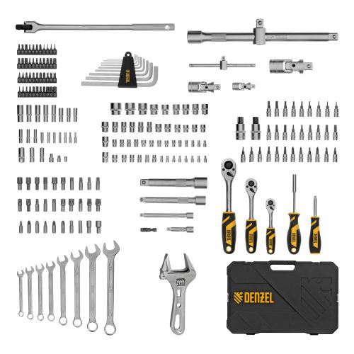 Набор инструментов, 1/2", 1/4", 3/8", CrV, S2, пластиковый кейс, 216 предметов Denzel