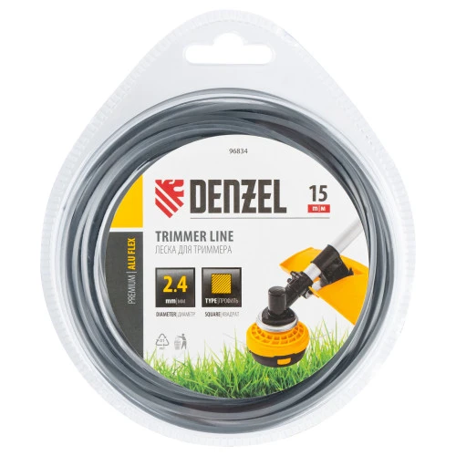 Леска для триммера армированная алюминием квадратная, 2,4мм х 15м, блистер ALUFLEX Denzel
