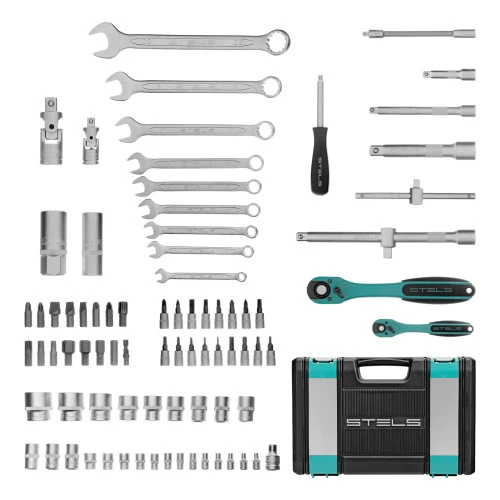 Набор инструментов 1/2", 1/4", CrV, 12 гранные головки, пластиковый кейс, 82 предмета Stels