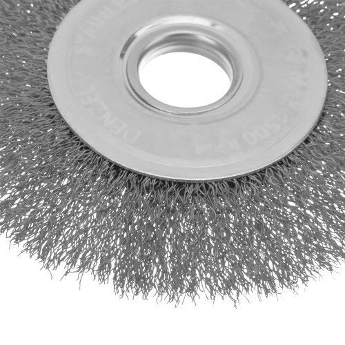 Щетка для УШМ, 125 мм, "Плоская", витая нержавеющая проволока 0.3 мм, посадка 22.2 мм Denzel