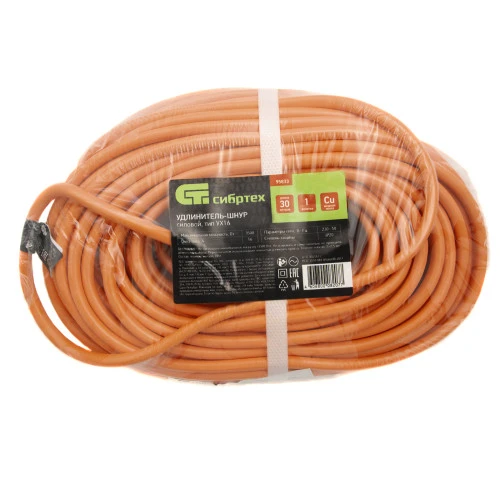 Удлинитель-шнур силовой 30 м, 16А, тип УХ16, ПВС, усиленный, 1 розетка без заземления Сибртех