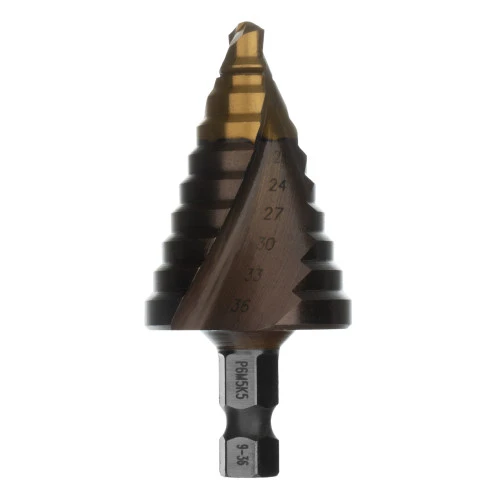 Сверло ступенчатое, 9-12-15-18-21-24-27-30-33-36 мм, Р6М5К5, 6-гр. хвостовик Denzel
