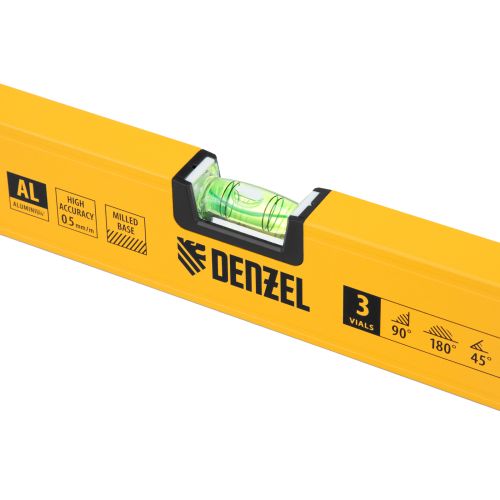 Уровень алюминиевый, магнит, фрезерованный, 3 глазка (1 зеркал.) 0,5 мм/м, 1200 мм Denzel
