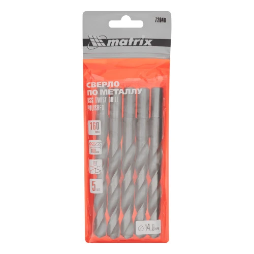 Сверло по металлу, 14 мм, полированное, HSS, 5 шт, цилиндрический хвостовик Matrix