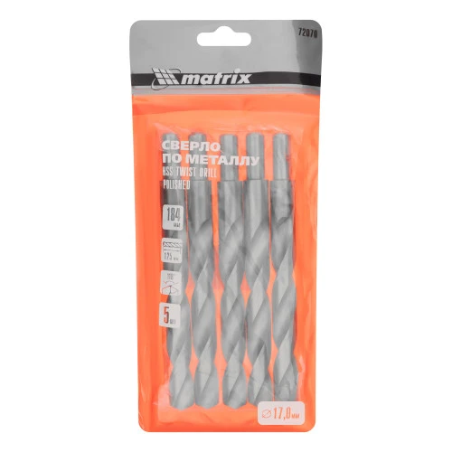 Сверло по металлу, 17 мм, полированное, HSS, 5 шт, цилиндрический хвостовик Matrix