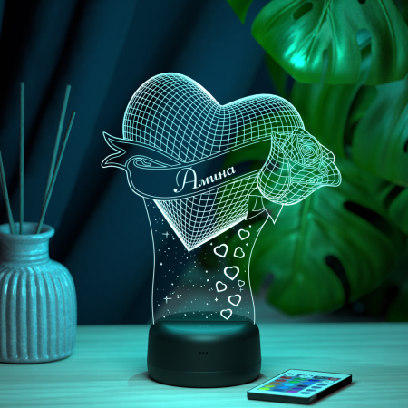 3D светильник  Светильник "Сердце с розой с именем Амина"
