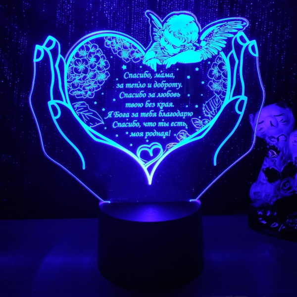 3D светильник  Сердце c ангелом с соцветием в руках