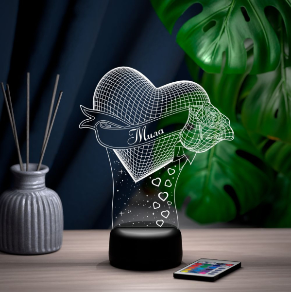 3D светильник  Светильник "Сердце с розой с именем Мила"