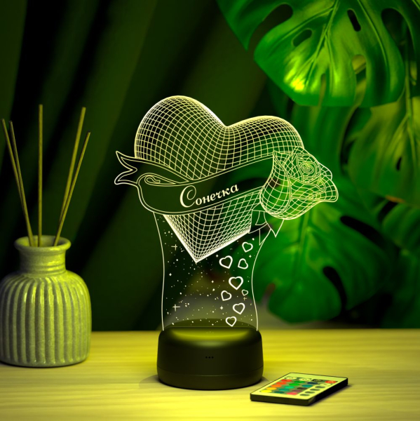 3D светильник  Светильник "Сердце с розой с именем Сонечка"