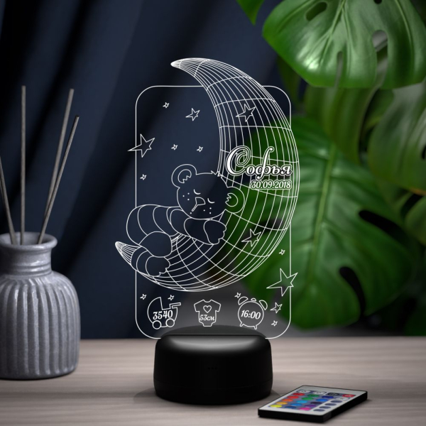 3D светильник  Светильник "Медвежонок уснул на луне"