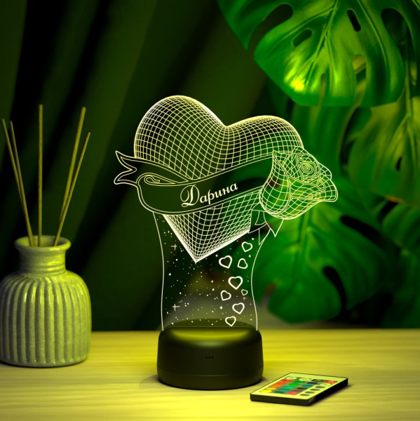 3D светильник  Светильник "Сердце с розой с именем Дарина"