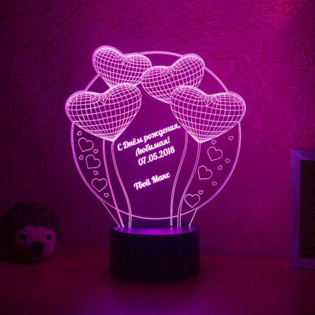 3D светильник  Воздушные шарики-сердечки