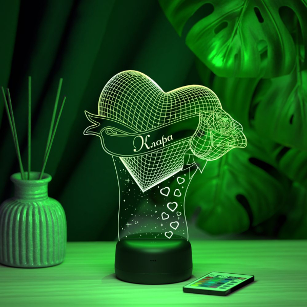 3D светильник  Светильник "Сердце с розой с именем Клара"