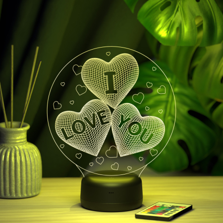 3D светильник  Светильник "Три сердца I LOVE YOU"