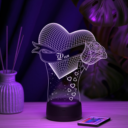 3D светильник  Светильник "Сердце с розой с именем Фая"
