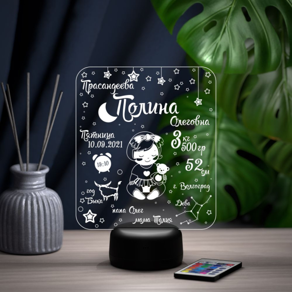 3D светильник  Ночник - Метрика для девочки