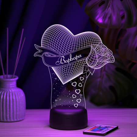 3D светильник  Светильник "Сердце с розой с именем Варвара"