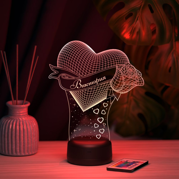 3D светильник  Светильник "Сердце с розой с именем Виктория"