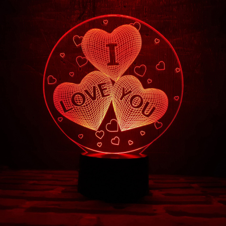 Ночной 3d светильник Три сердца I LOVE YOU