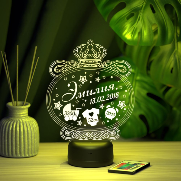 3D светильник  Ночник - метрика с короной