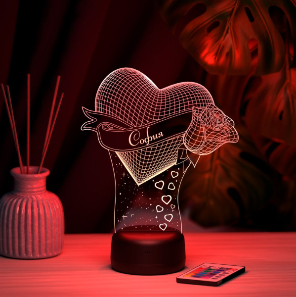 3D светильник  Светильник "Сердце с розой с именем София"